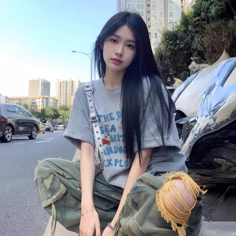 慵懒风小金鱼印花短袖t恤女夏季高级感宽松厚实不透白色字母上衣