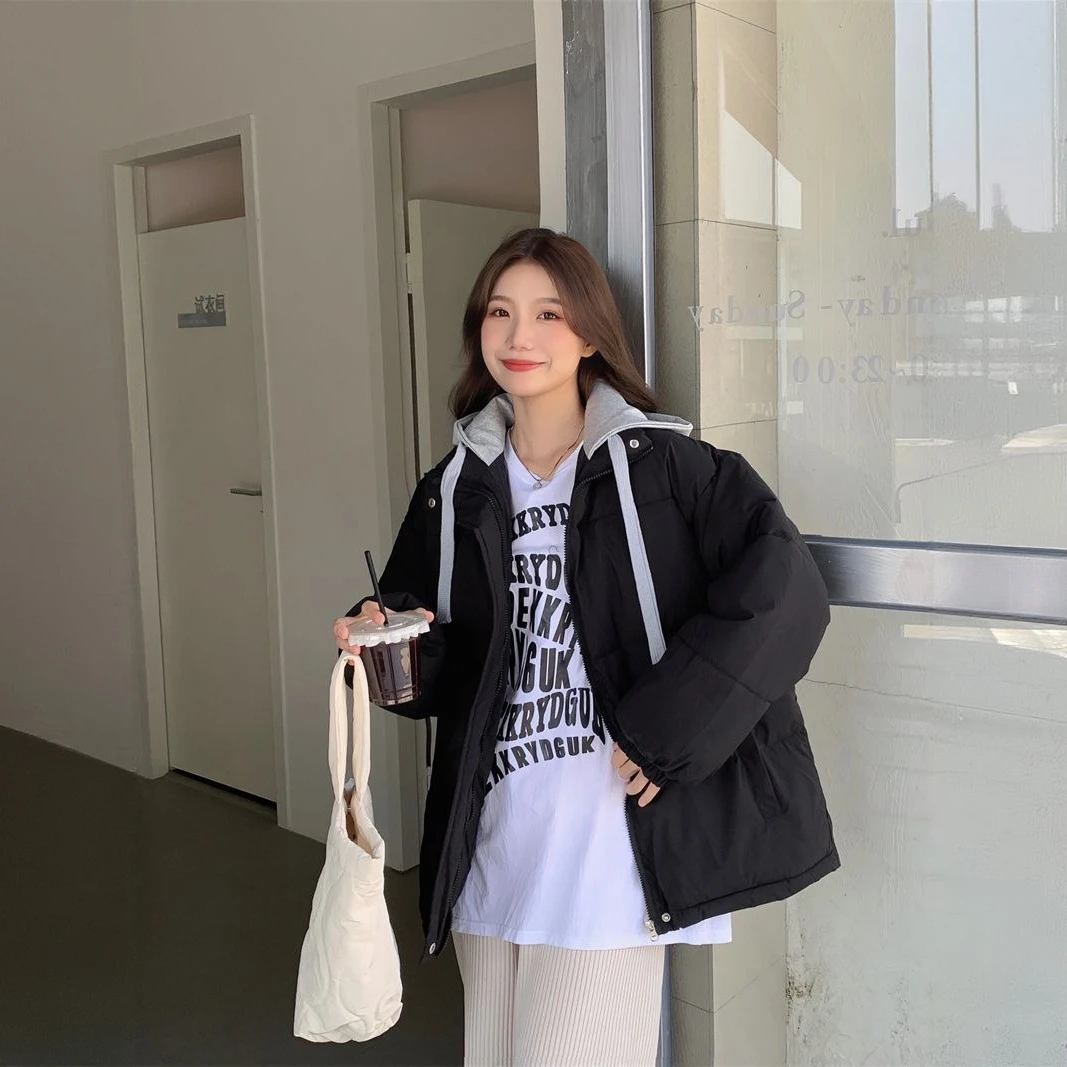 艾格棉衣秋冬休闲百搭假两件宽松加厚保暖连帽面包棉服