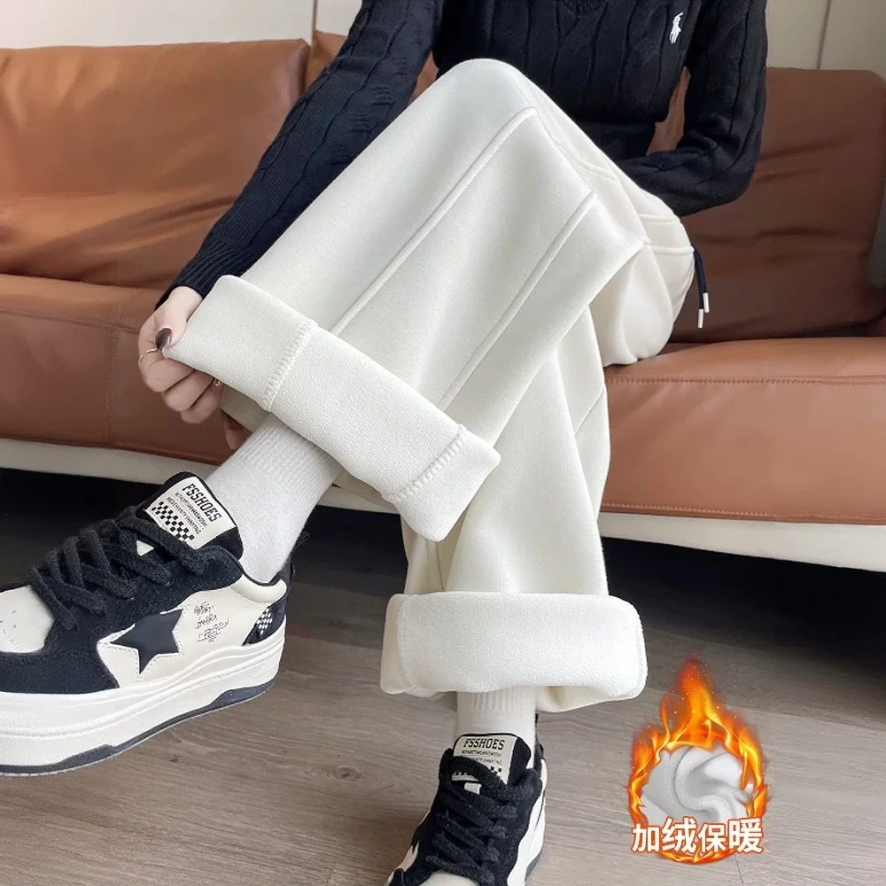 窄版阔腿裤女秋冬季加绒加厚直筒休闲弯刀裤撞色美式运动弯刀卫裤