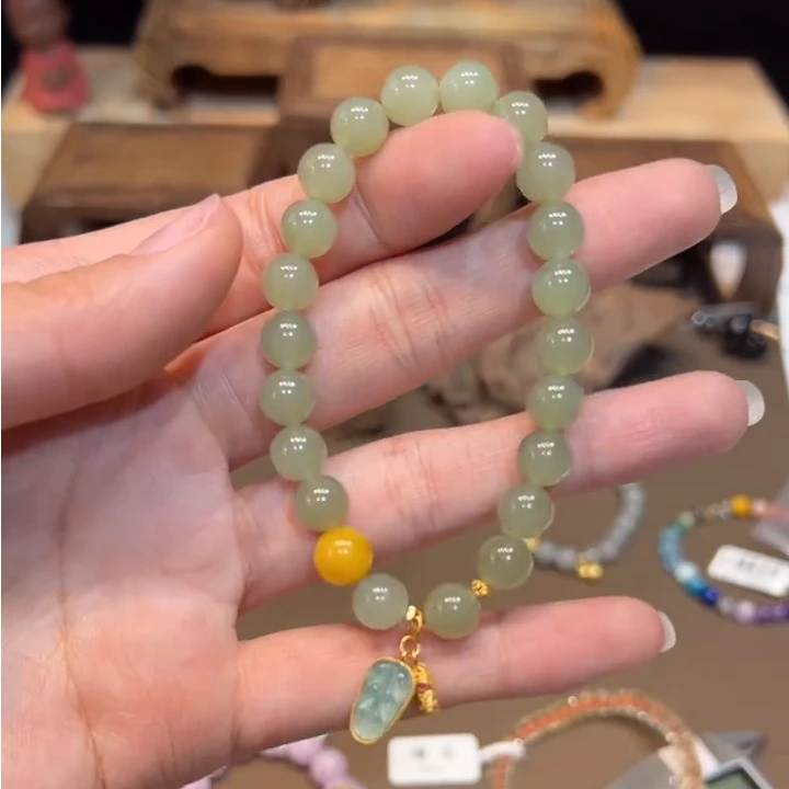 单圈和田玉手串7mm+搭配叶子手链0667