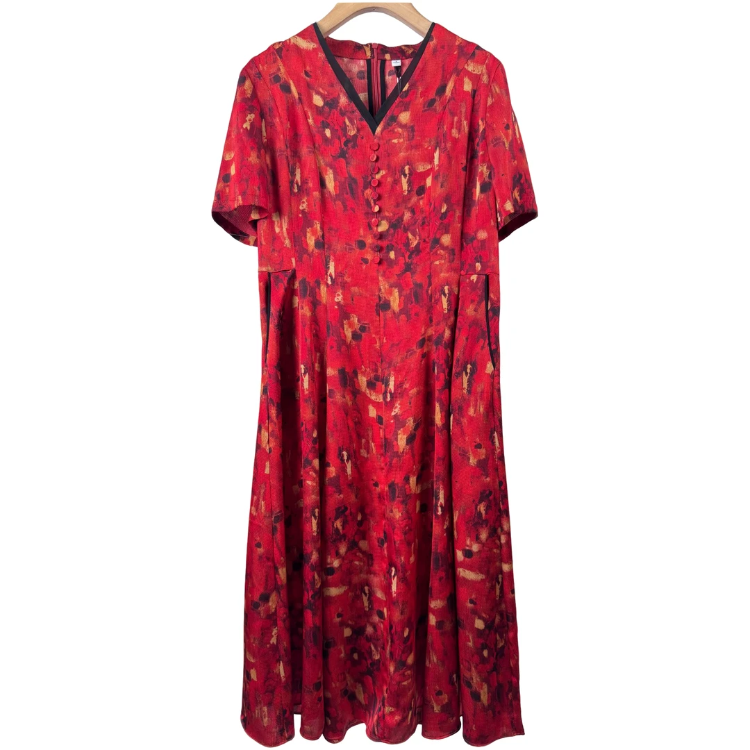 【W322红绿多色纹】2025优雅百搭洋气款夏季短袖中长款裙