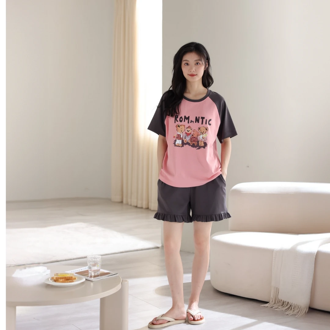 夏季新款优质棉甜美小熊短袖短裤睡衣套装可外穿女