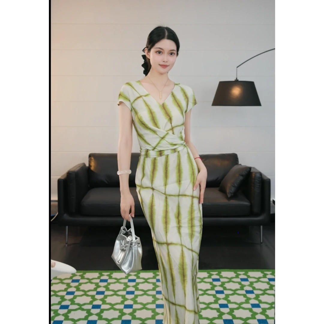 天丝麻慵懒风短袖连衣裙复古长裙轻奢女装-25346