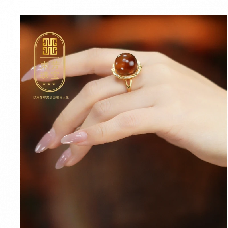 東芳珠宝-14mm缅甸天然琥珀灵草珀琥珀戒指食指戒活口银戒