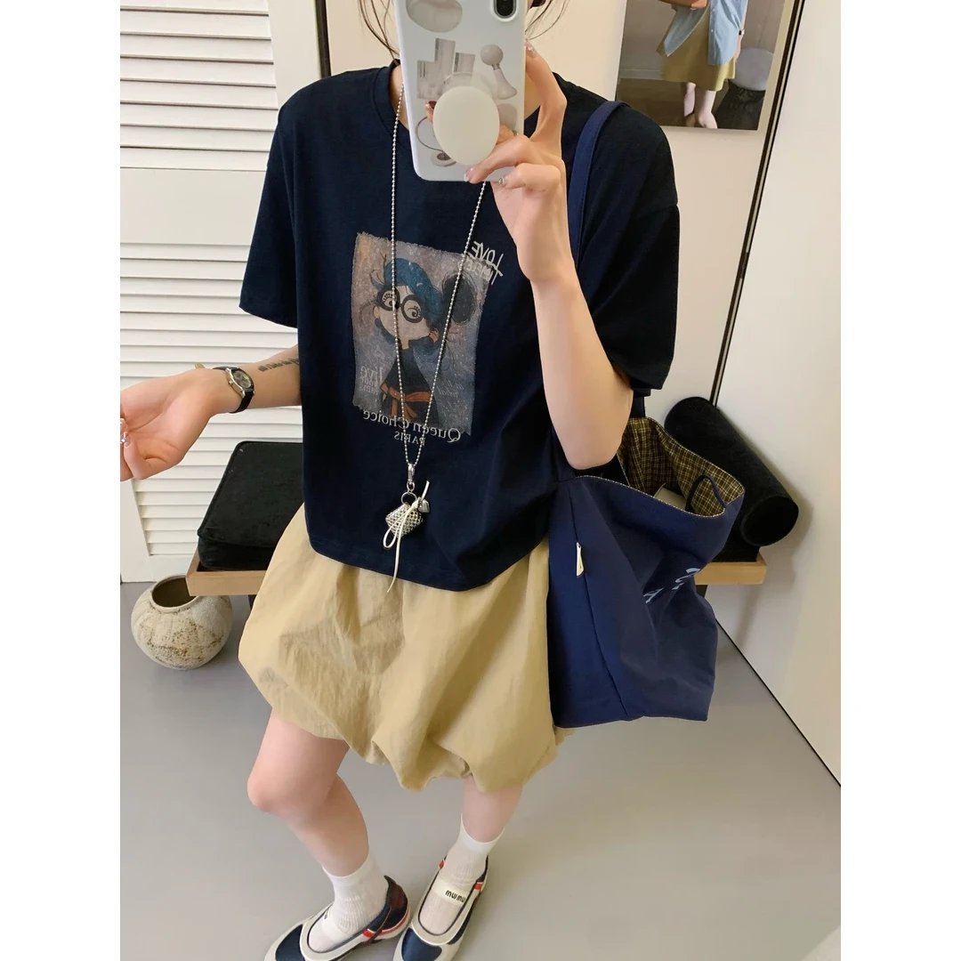 【娃娃专属】方块百搭T恤印花圆领短袖宽松显瘦眼镜女孩打底衫6847