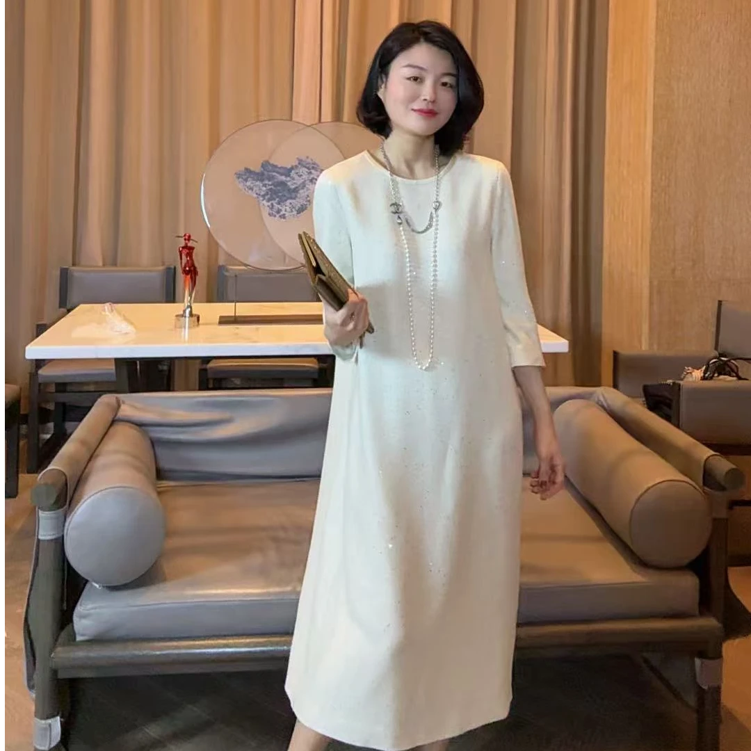 TANTAN  醋酸天丝亚麻混纺 气质烫钻长款连衣裙 LL 2315