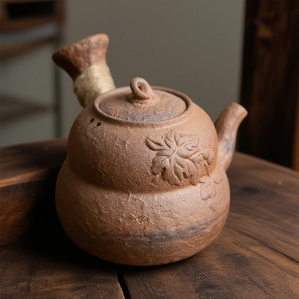 （卓泥）温茶侧把壶 酒精炉粗陶茶具陶瓷茶盘复古功夫葫芦茶壶