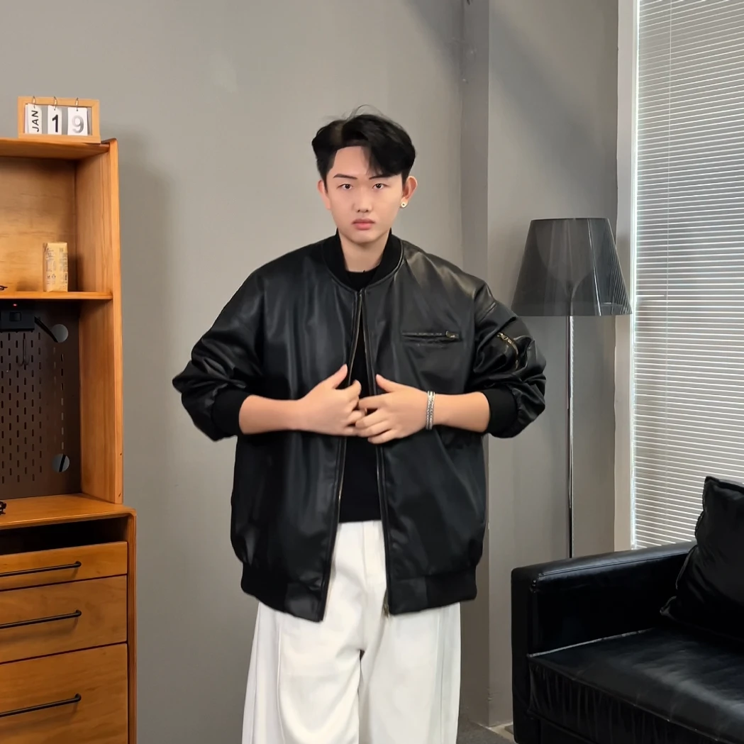 夹克男美式复古春秋情侣款棒球领机车风痞帅感荔枝纹多色皮衣外套