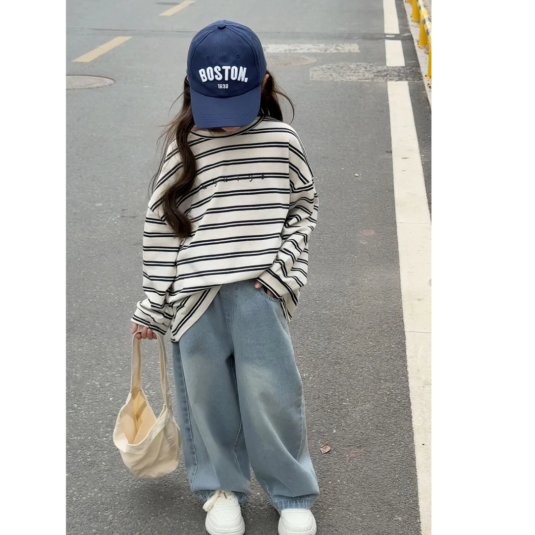 2025春款男女宝宝韩版字母条纹上衣儿童长袖百搭T牛仔裤套装