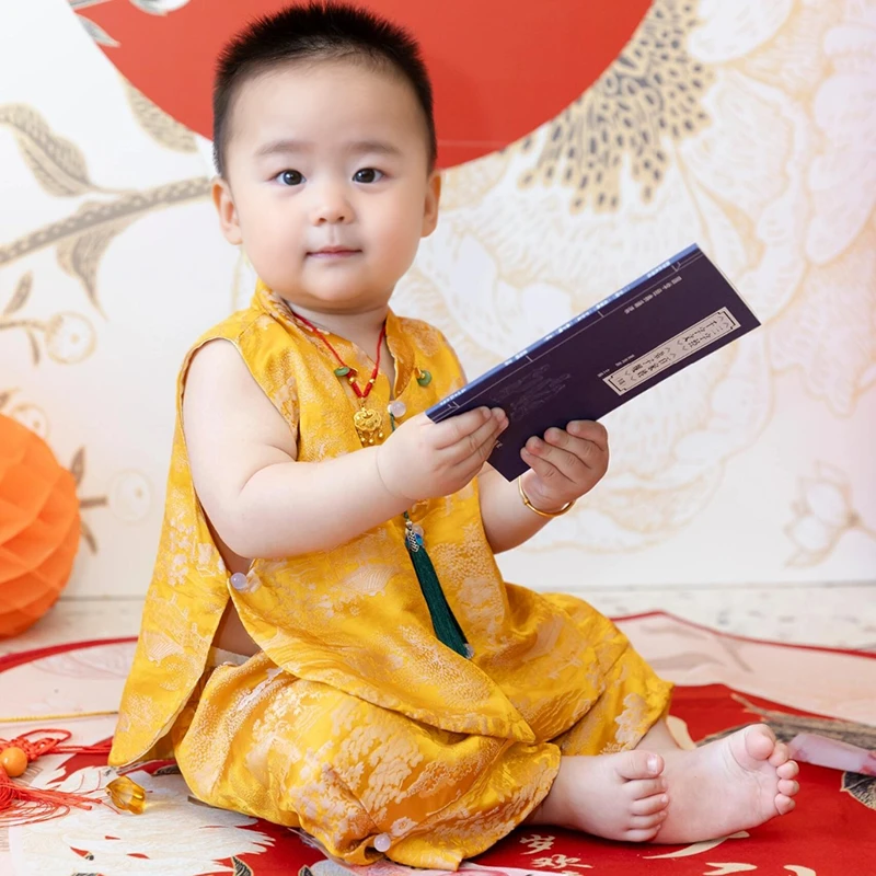 新中式满月生日周岁礼服男宝拍照夏季高档真丝洋气国风抓周宴礼服