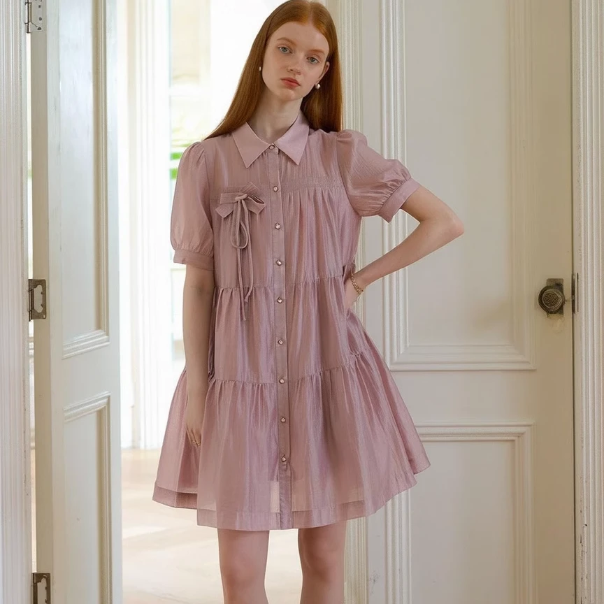 专柜【诗MD】Polo领蝴蝶结宽松天丝连衣裙品牌撤柜夏季女装813L608