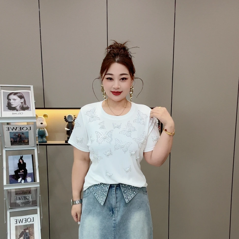 早春时尚洋气蝴蝶珍珠亮钻百搭大码女装显瘦遮肉半袖  胖MM新款