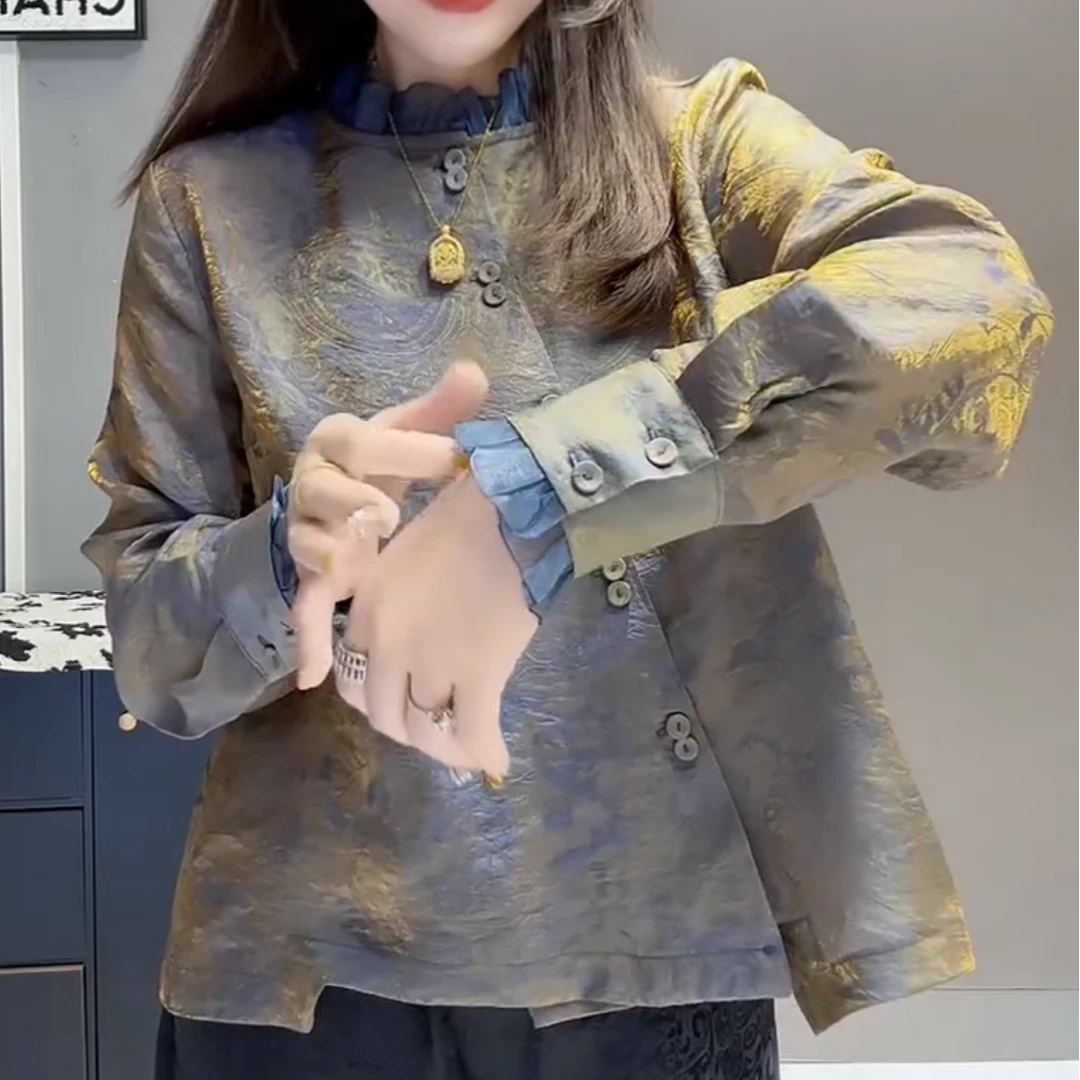 新中式复古立领盘扣浮光长袖衬衫女士春秋季百搭气质上衣提花时尚
