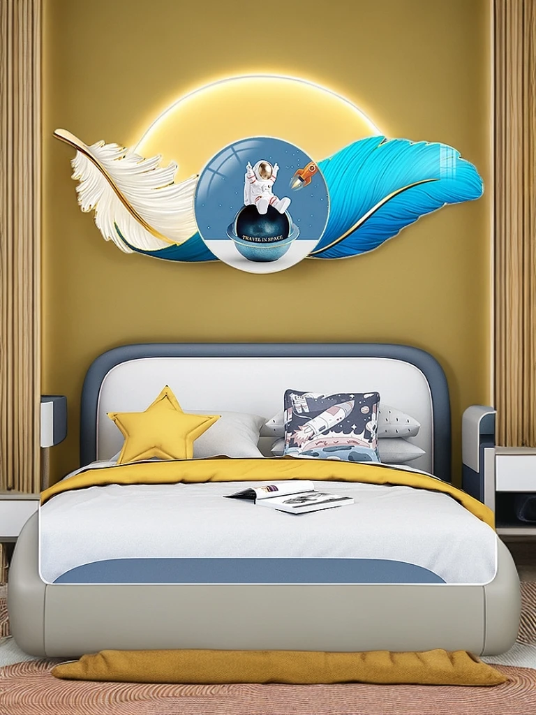 网红男女孩公主房卧室床头墙面装饰画卡通宇航员壁画装饰晶瓷画