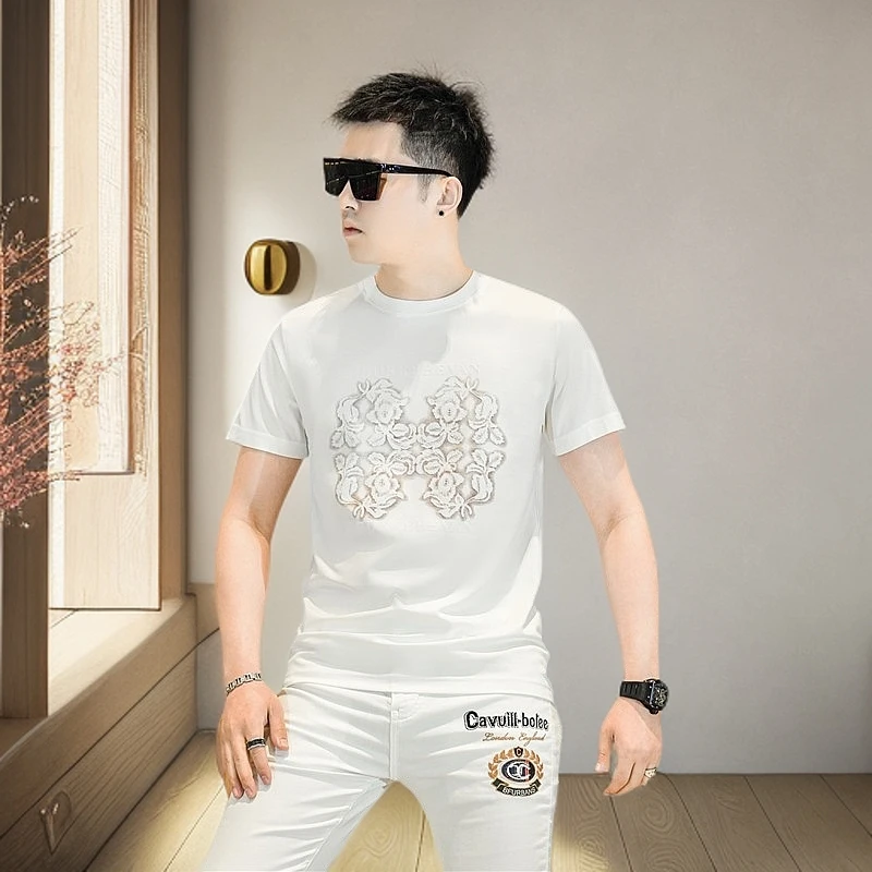t恤时尚潮牌2025夏新款轻奢高端修身字母印花高端男士圆领短袖T恤