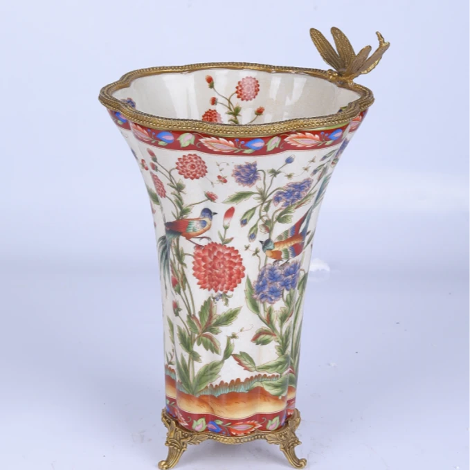 高温瓷配纯铜喇叭口蜻蜓花瓶 客厅餐厅装饰摆件#2AHX3450-12.5-CC