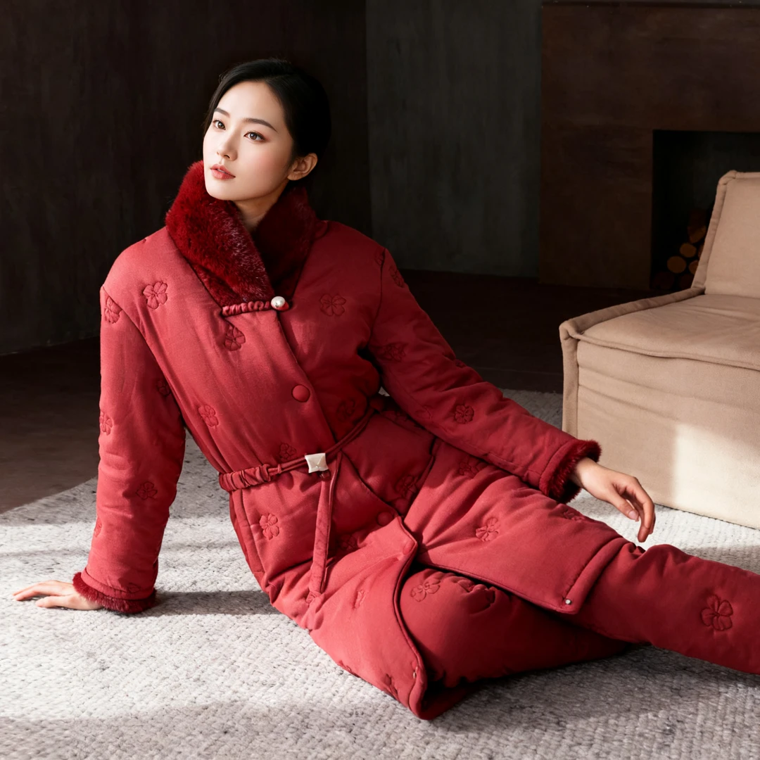 Sifuma/斯服玛《富贵红》三层夹棉冬季睡衣女款加厚毛领家居服套装