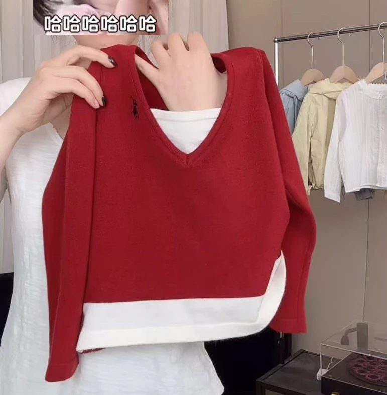 【亲子款】女童秋季新款假两件针织衫上衣洋气女宝宝V领拼接上衣