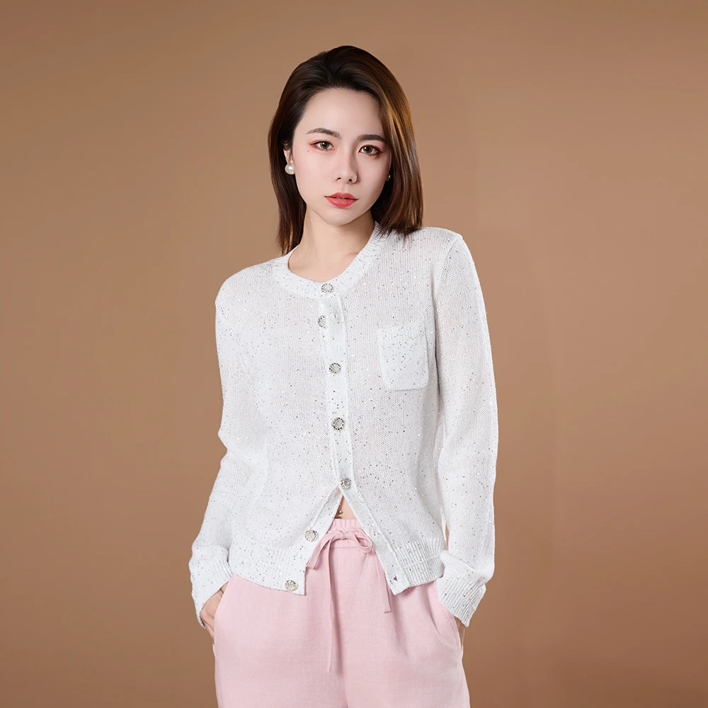 AMASS/阿玛施新款简约淡雅珠片百搭薄款细闪长袖针织开衫548015