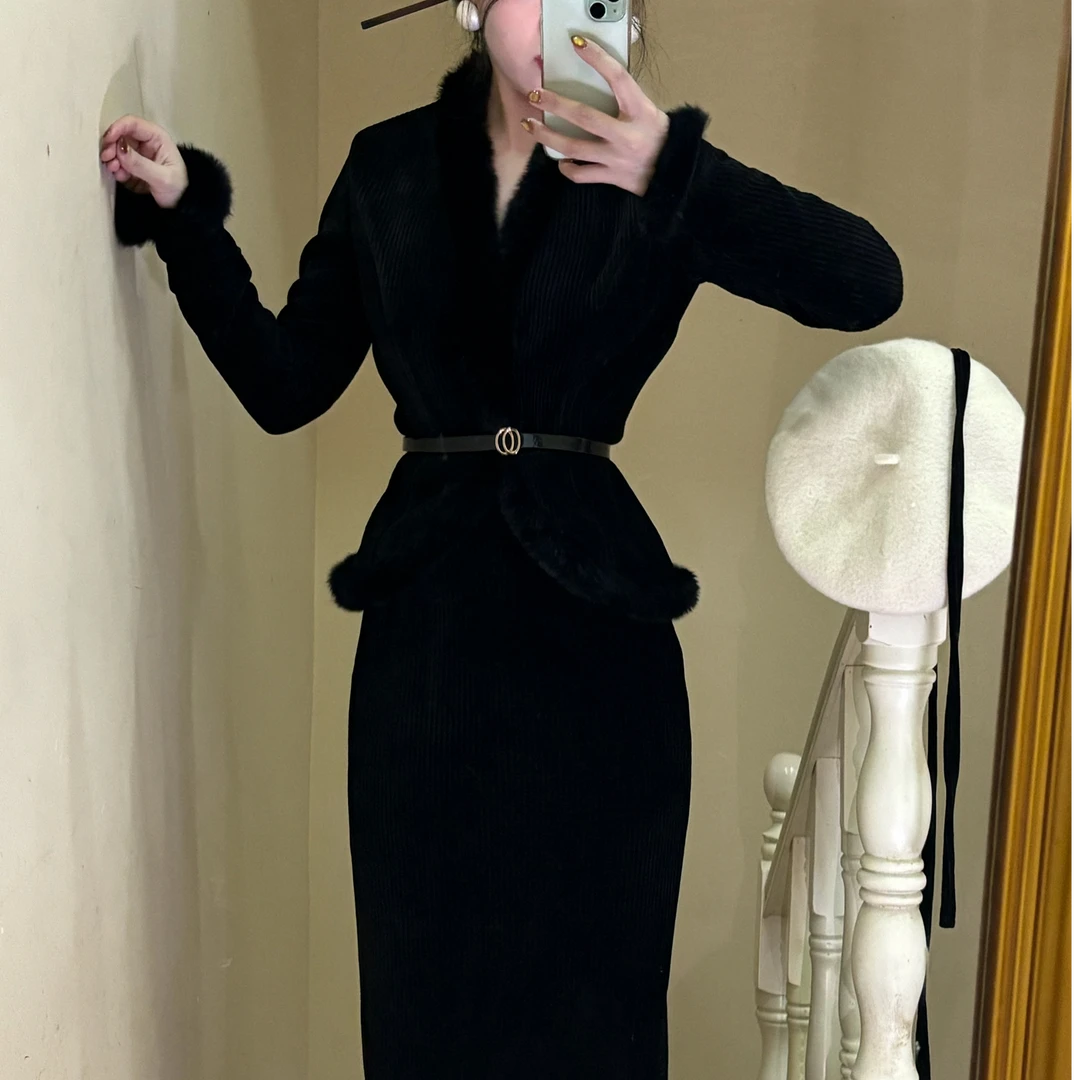 LHMknk1画报夫人原创自制秋厚款灯芯绒兔毛边vintage黑色套装