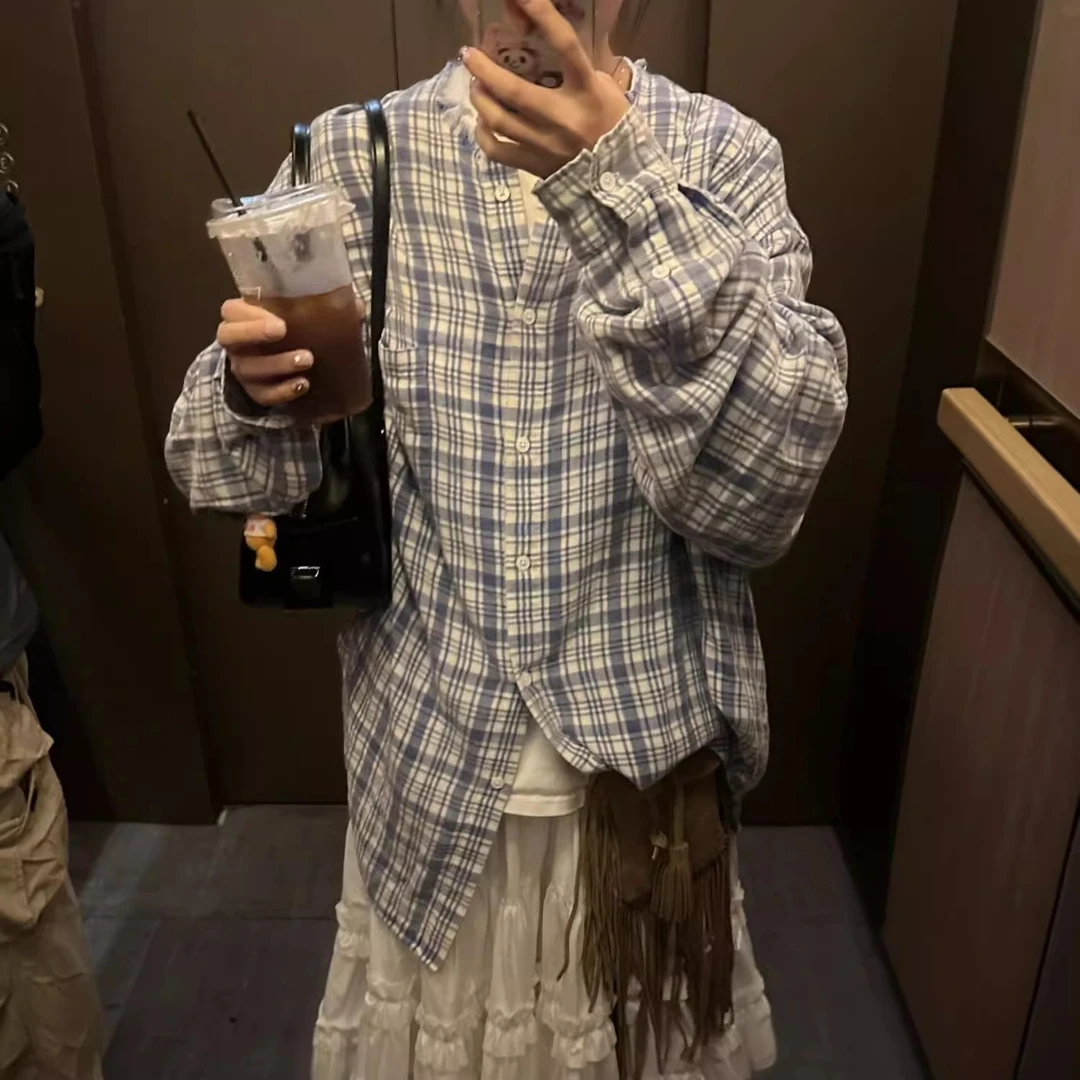 高端货~设计感小众廓形蓝色格子衬衫外套女春秋超宽松格纹衬衣