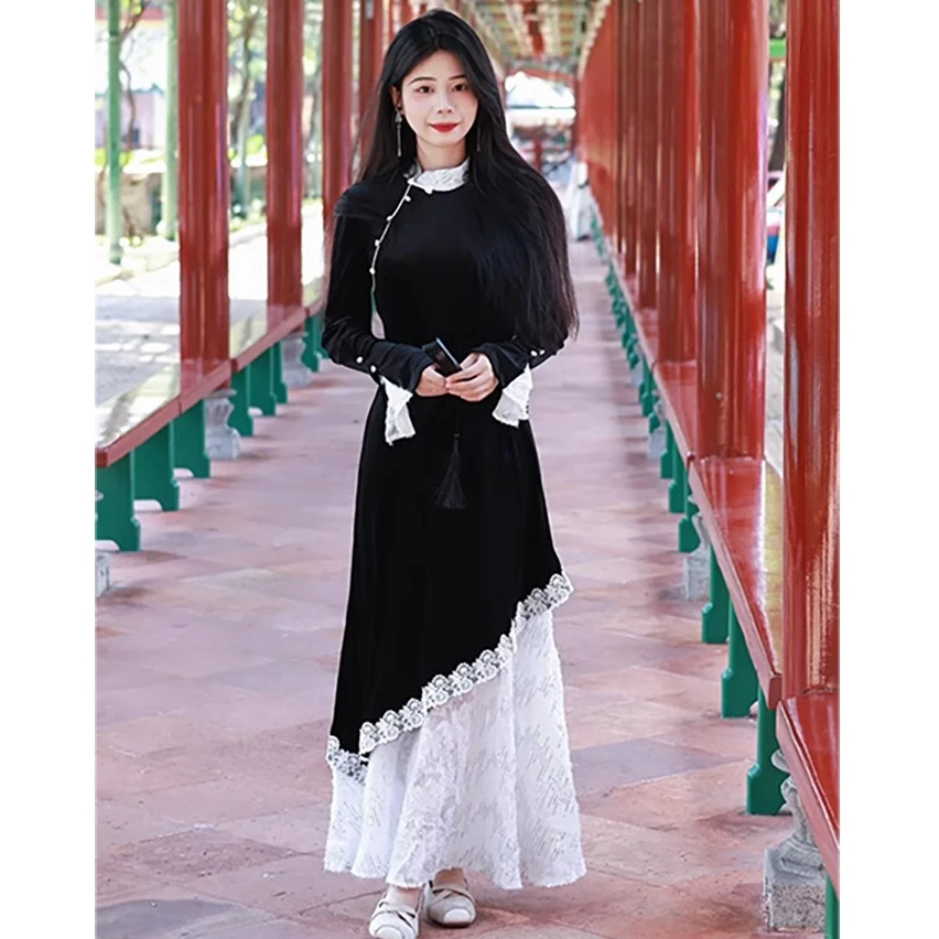 墨韵霜华新中式连衣裙女春秋款拼接假两件旗袍长裙新年WTB0156