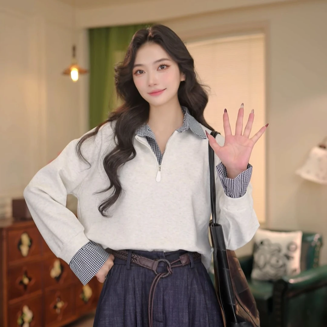 丁佳欣【微风】通勤拼接格纹套头宽松卫衣上衣DO1218347