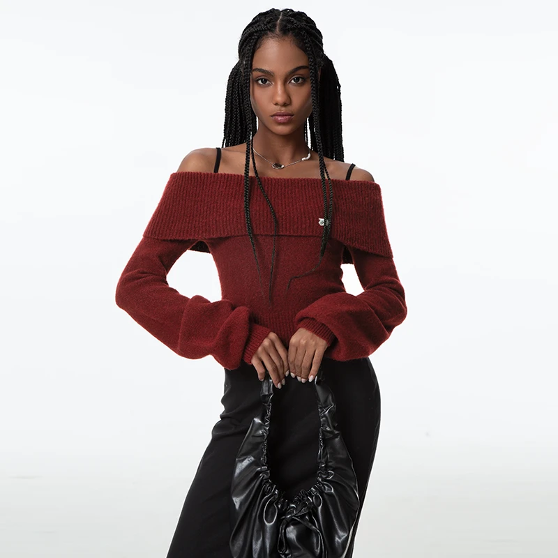 节日战袍一字肩毛衣女长袖针织衫女复古灯笼袖百搭修身打底衫
