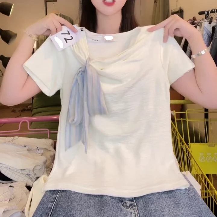 韩系简约百搭蝴蝶结绑带短袖T恤女夏季气质显瘦正肩温柔风短上衣