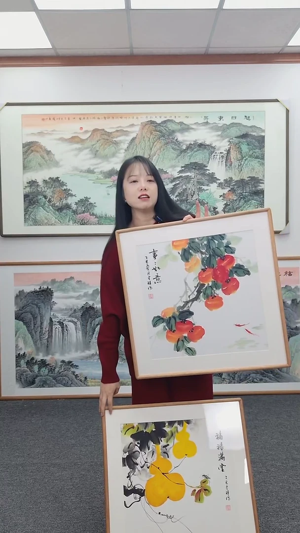 国画柿子60*60手绘作品