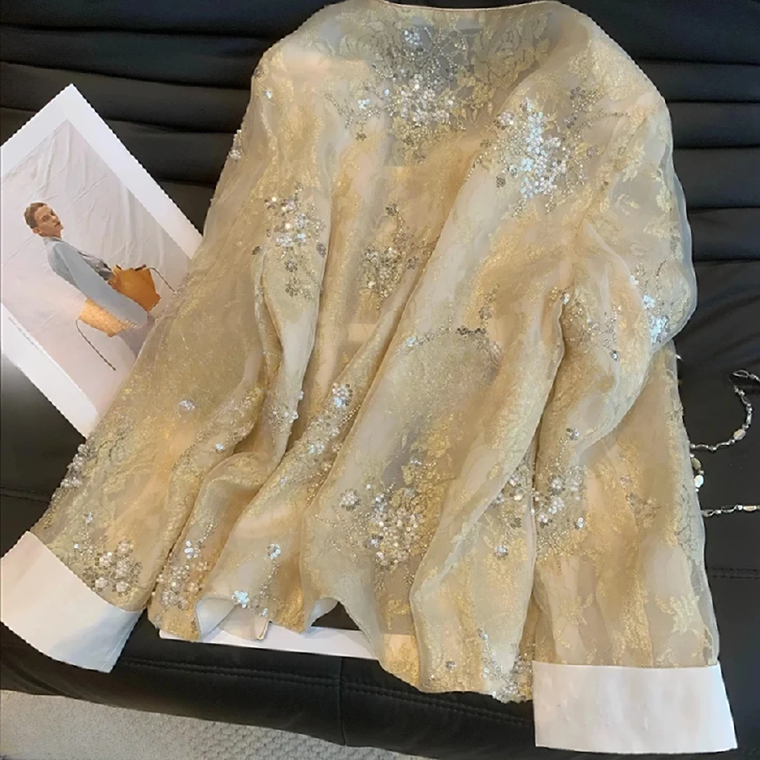 夏季新款重工刺绣钉珠外套上衣淑女显瘦网红蕾丝气质长袖时尚百搭