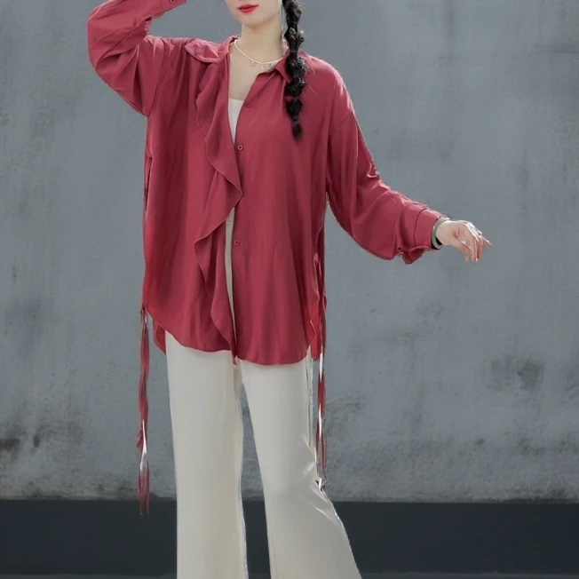 男女同款宽松长袖飘逸衬衣现代舞蹈服遮肉衬衫显瘦上衣25012