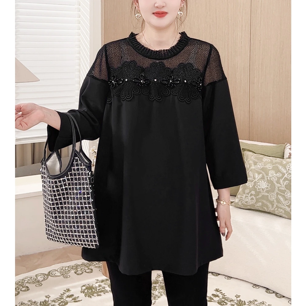 【洋气拼接小衫】MsShe大码女装秋新款花边镂空七分袖E2503033