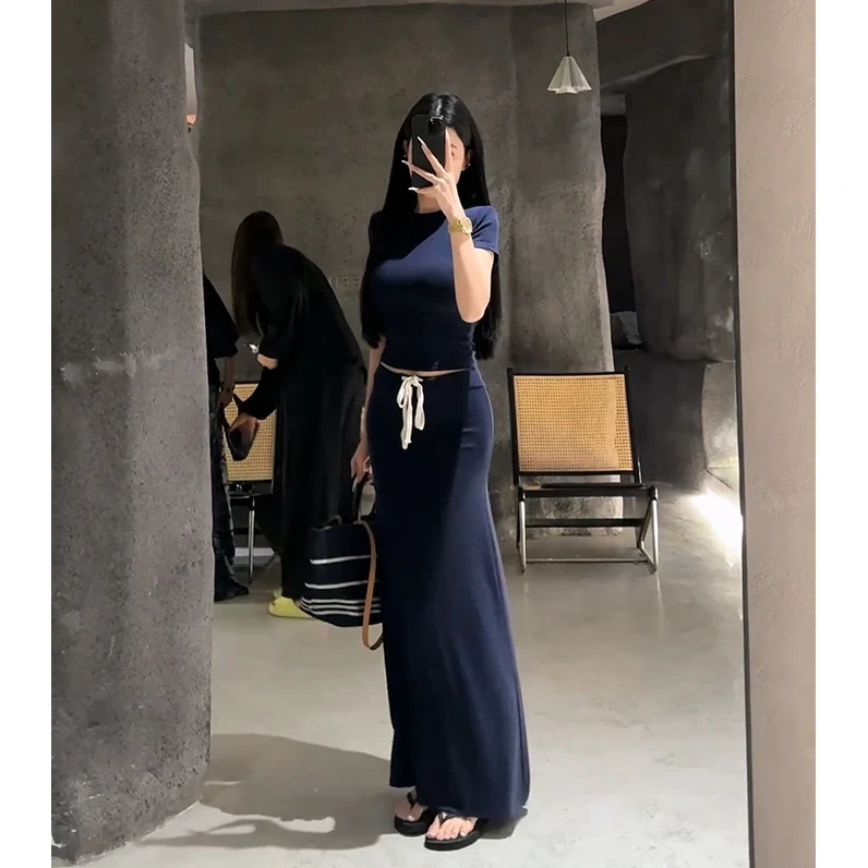 2025夏季新款女韩系穿搭短款圆领T恤上衣气质高腰显瘦系带半身裙