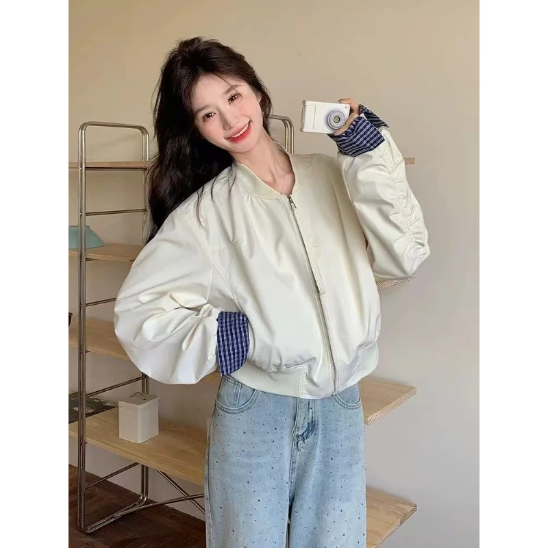 J192505-撞色拼接外套女新款韩系小个子酷飒拉链设计感棒球服