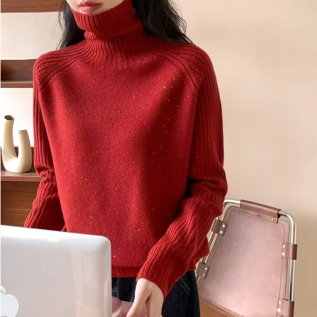 2025春秋新款法式半高领羊毛长袖亮丝针织打底衫女毛衣