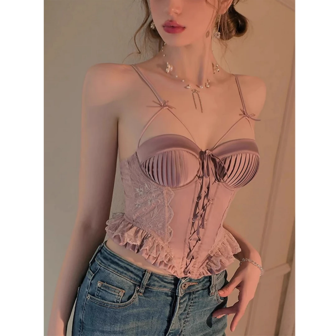 设计感性感小吊带背心女内搭美背文胸一体打底带胸垫蕾丝鱼骨上衣