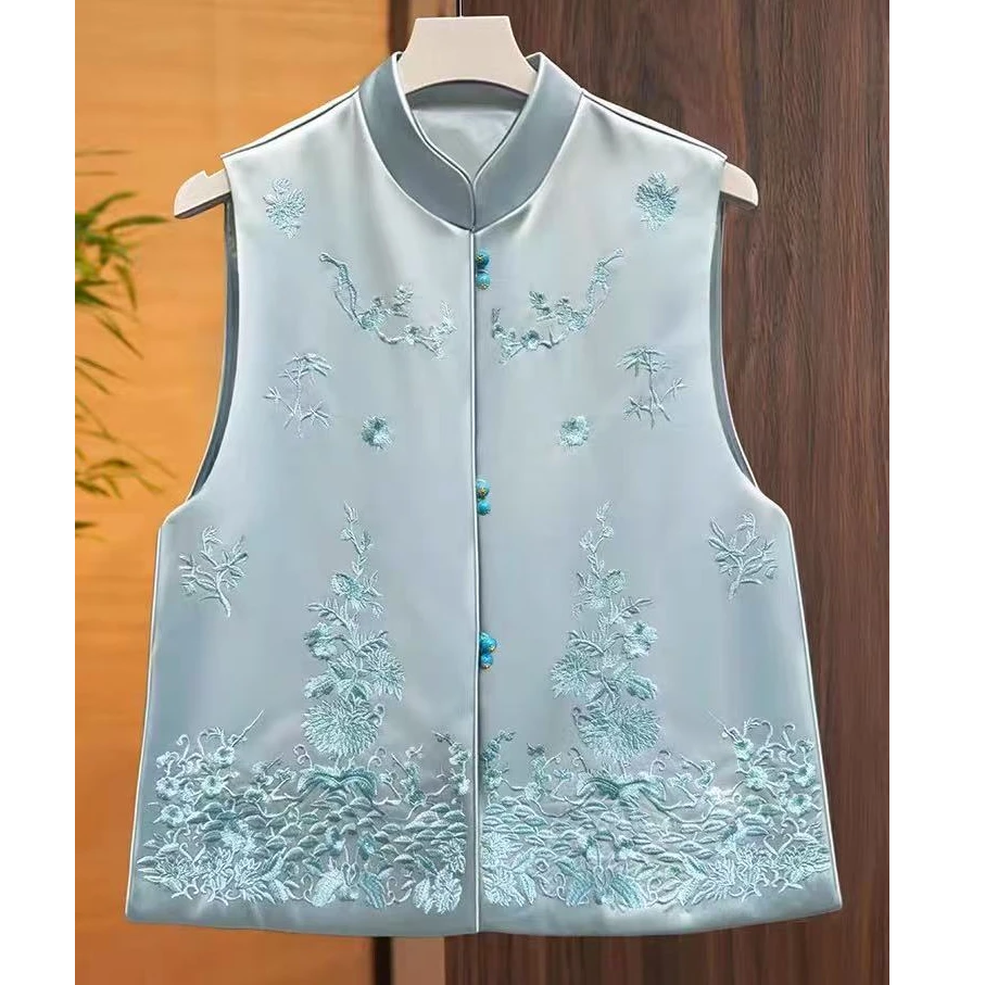 243新中式国风缎面马甲女重工刺绣马夹无袖背心立领坎肩