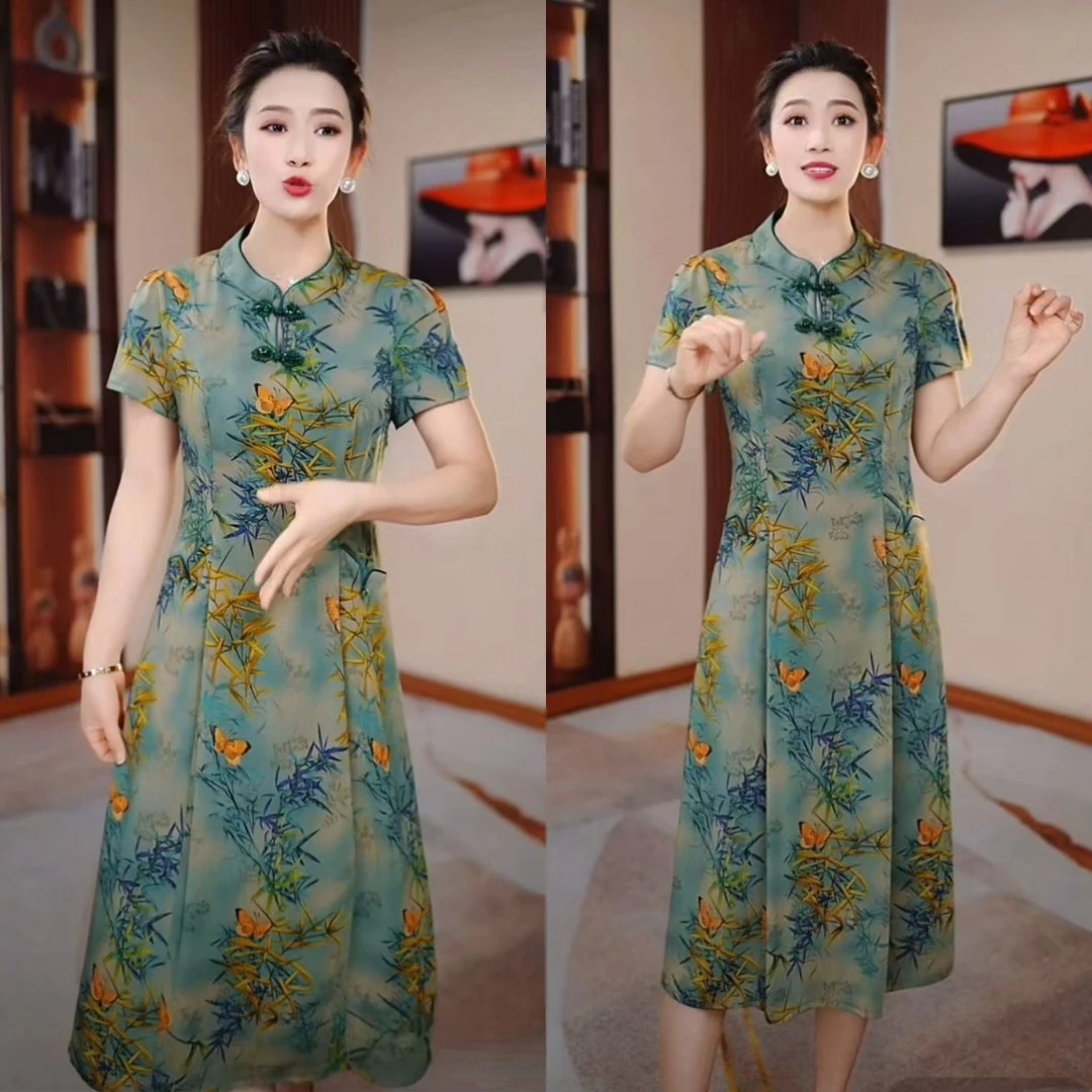 高档改良旗袍妈妈装冰丝芙蓉弹力中长款短袖连衣裙夏季新中式礼服