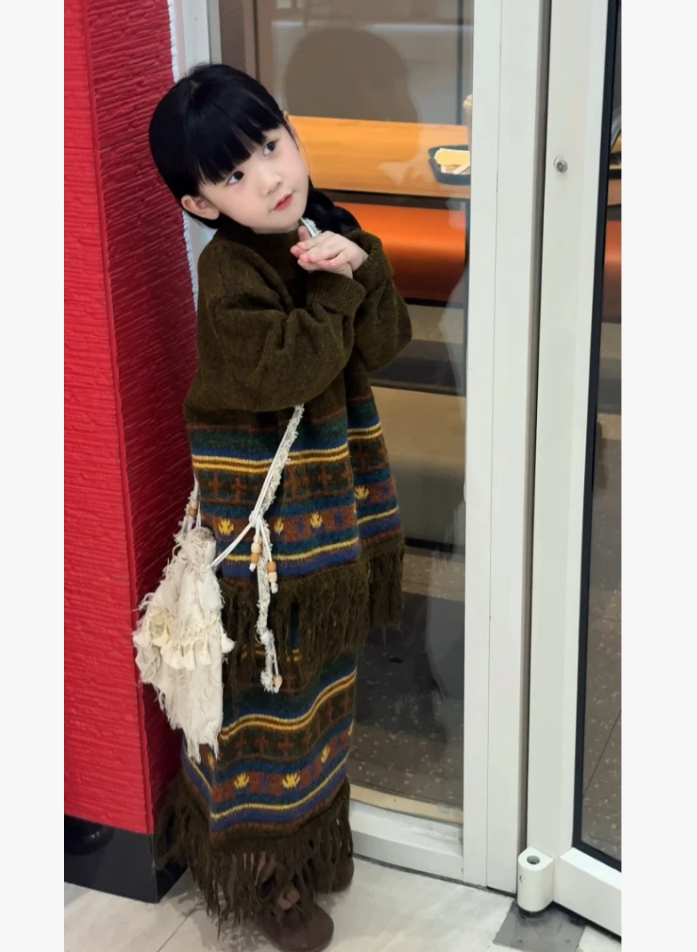 慵懒风复古流苏针织毛衣秋冬季2025新款宽松中长半身裙两件套装