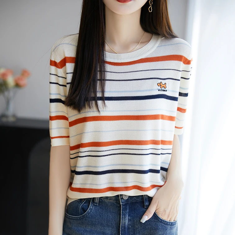 哥弟阿玛施正品针织衫女装条纹刺绣夏季显瘦圆领薄款撞色短袖t恤