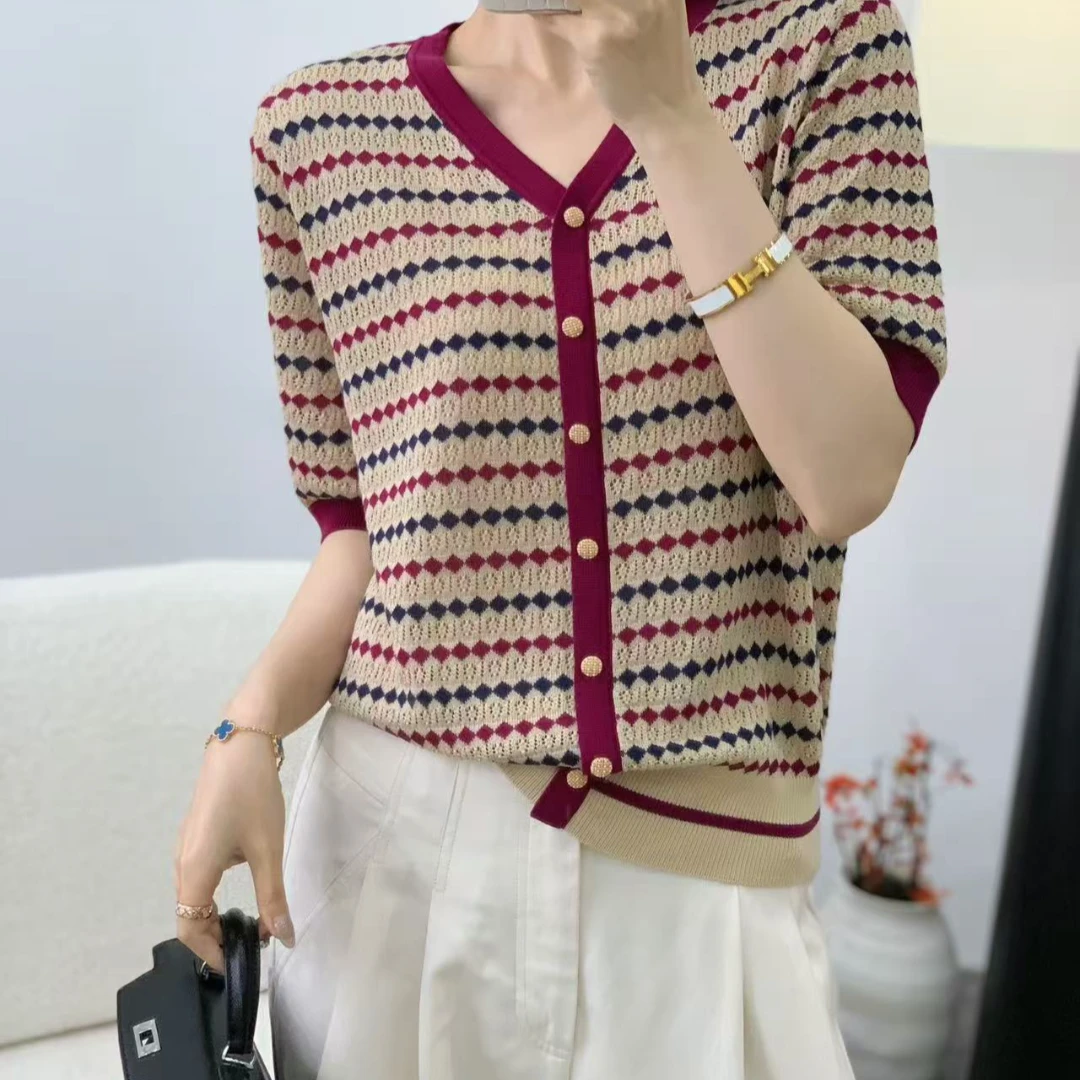 100莱塞尔短袖 圆领领开衫火龙果色 洋气针织短袖夏季柔软不扎