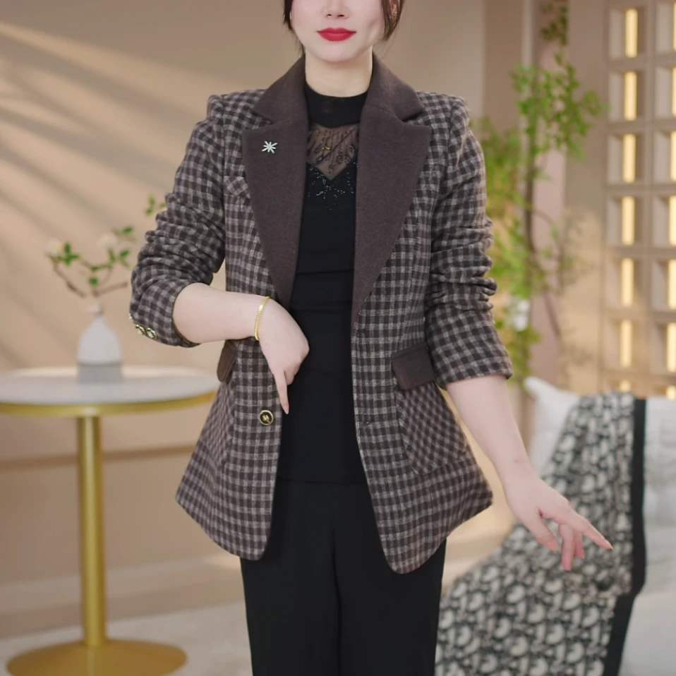 洋气格子西装外套女2025年春秋新款高级感大码休闲拼色西服上衣