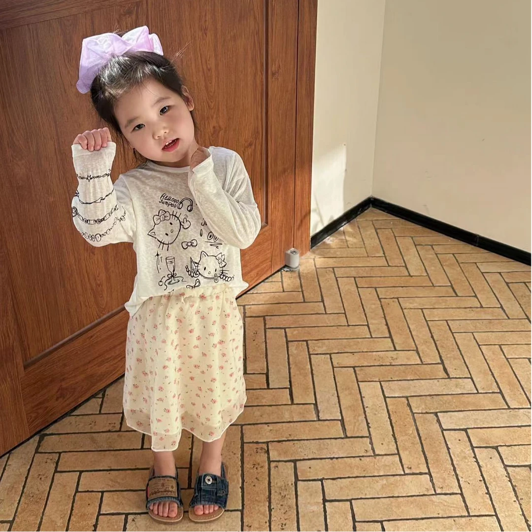 《小思家》女童2025年夏季新款卡通猫防晒上衣碎花半身裙套装