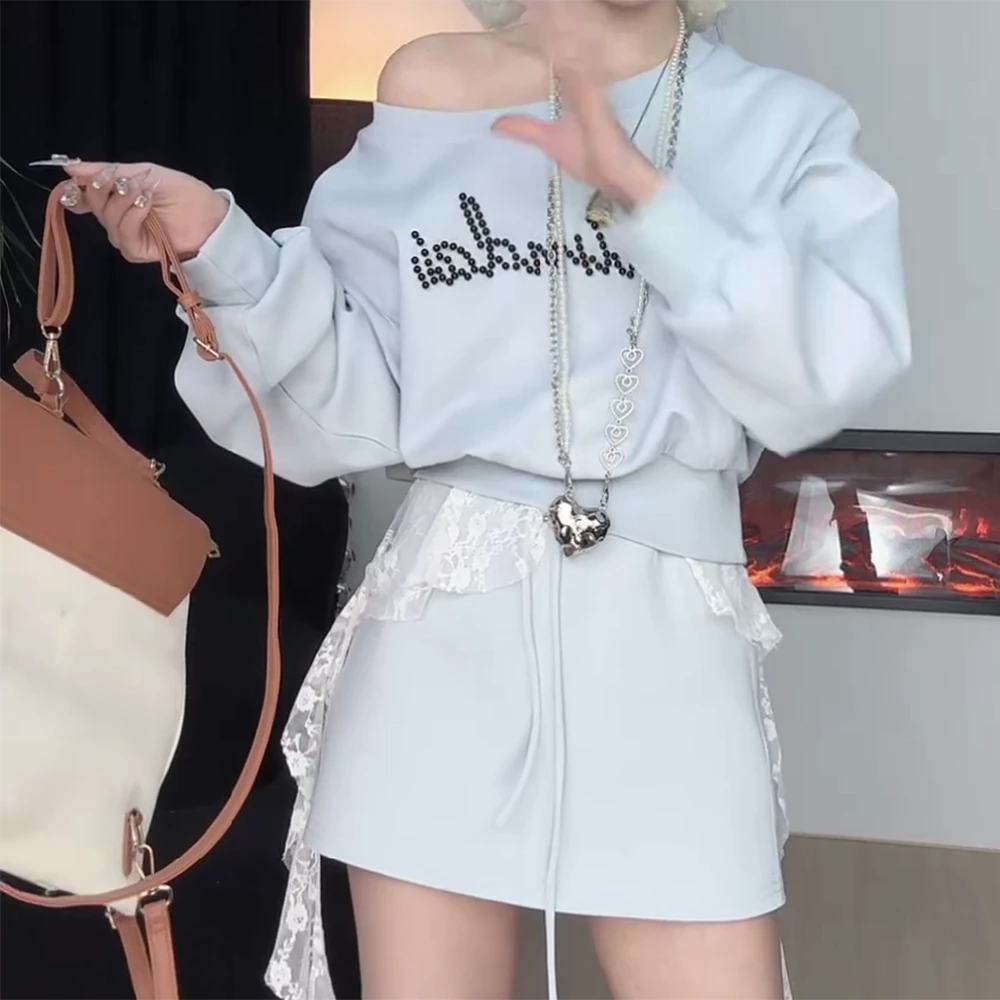 【心动讯号】白月光显瘦休闲露肩钉珠撞色卫衣半身裙套装两件套
