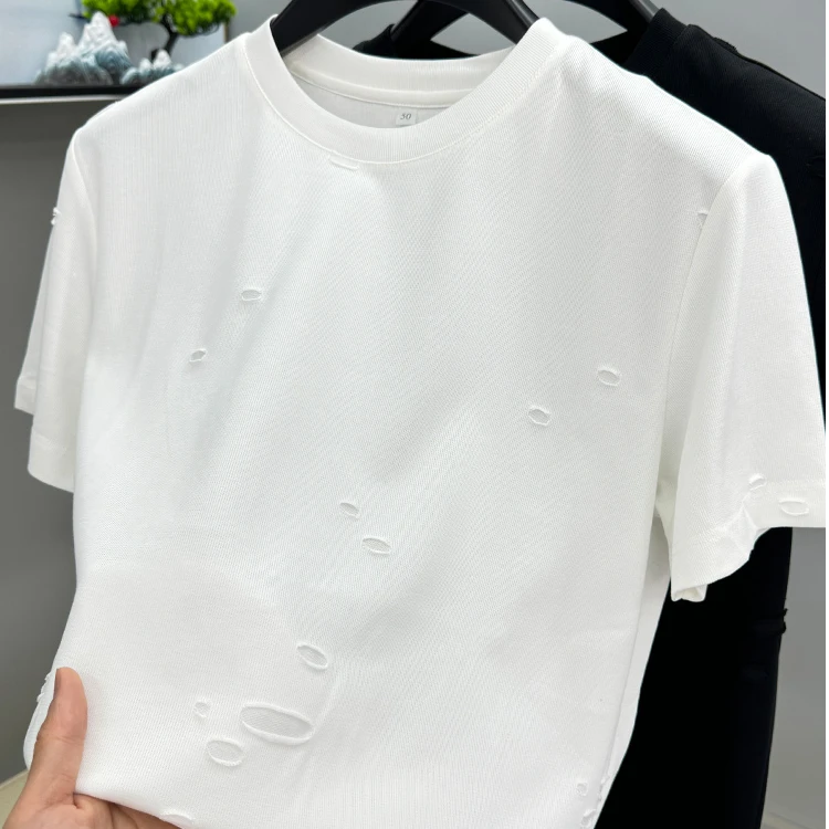 John Bunni潮流纯色短袖t恤男士夏季新款圆领破洞时尚百搭上衣