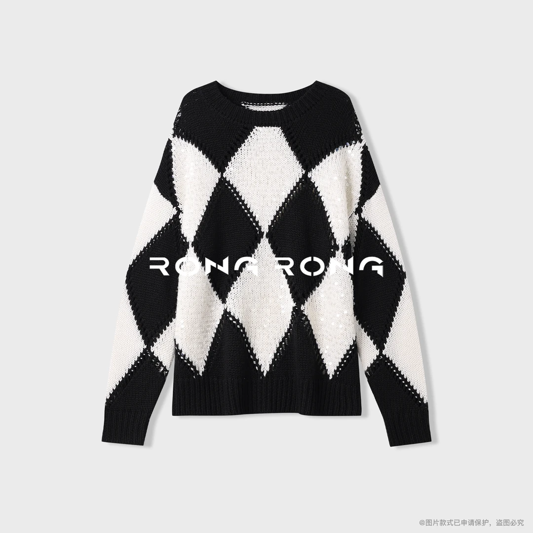 溶溶【星梦菱格】RONGRONG绵羊毛混纺黑白菱格亮片慵懒风毛衣25S199