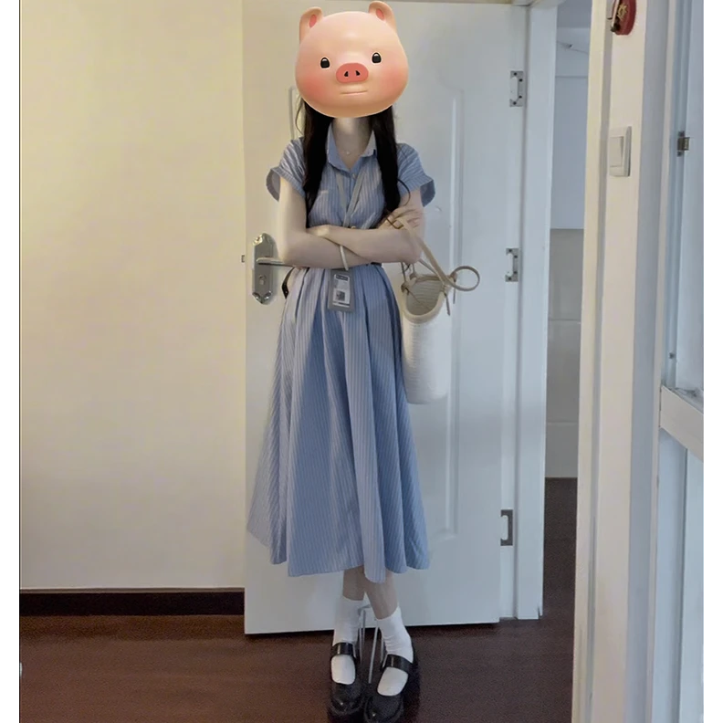 大码女装夏季新款百搭显瘦文艺蓝色连衣裙面试通勤法式裙子