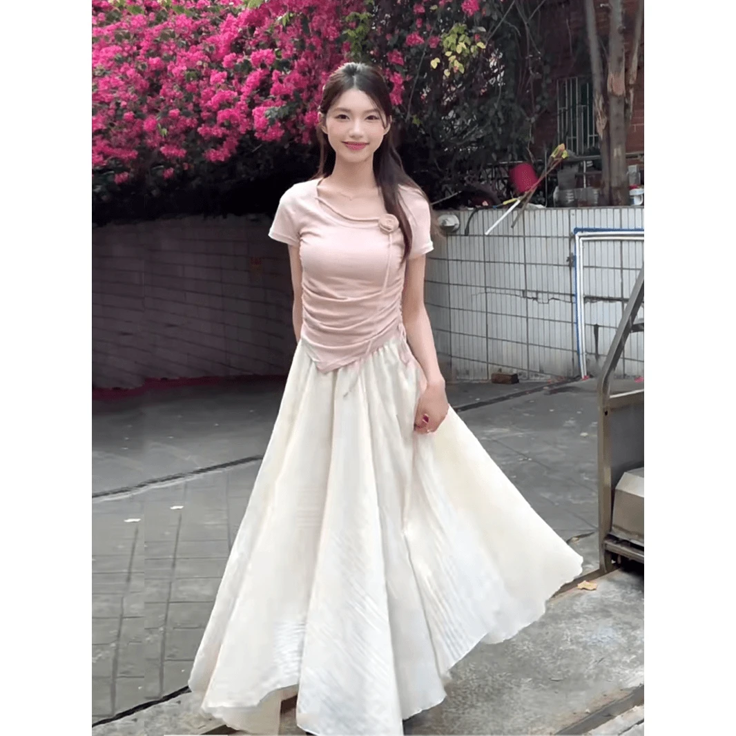 套装女2025新款夏季设计感玫瑰花抽绳收腰短款上衣不规则长裙两件