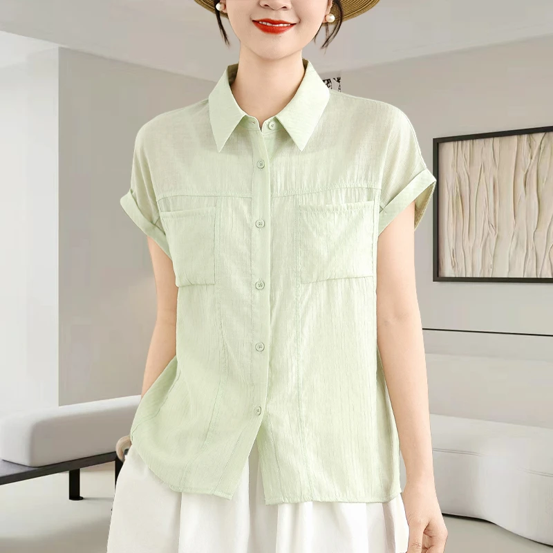 绿色polo领短袖衬衫女2025夏季新款时尚减龄宽松显瘦休闲百搭上衣